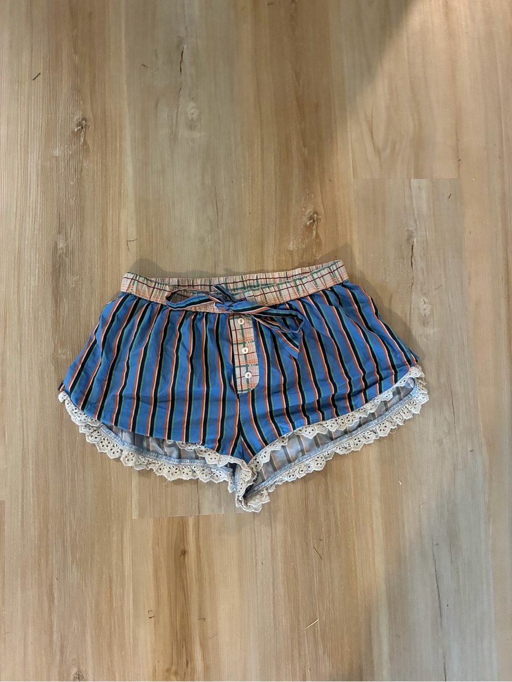 Anthropologie Blue Striped Lace-Trim Shorts